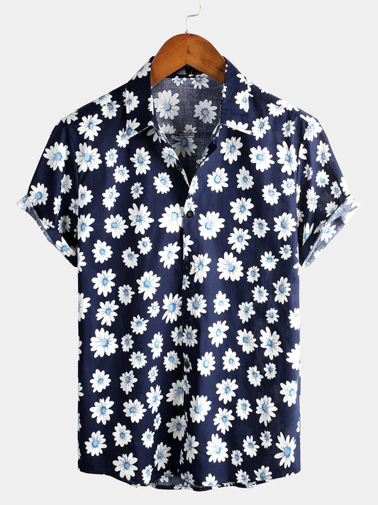 Camicia da uomo in cotone con stampa floreale a margherita