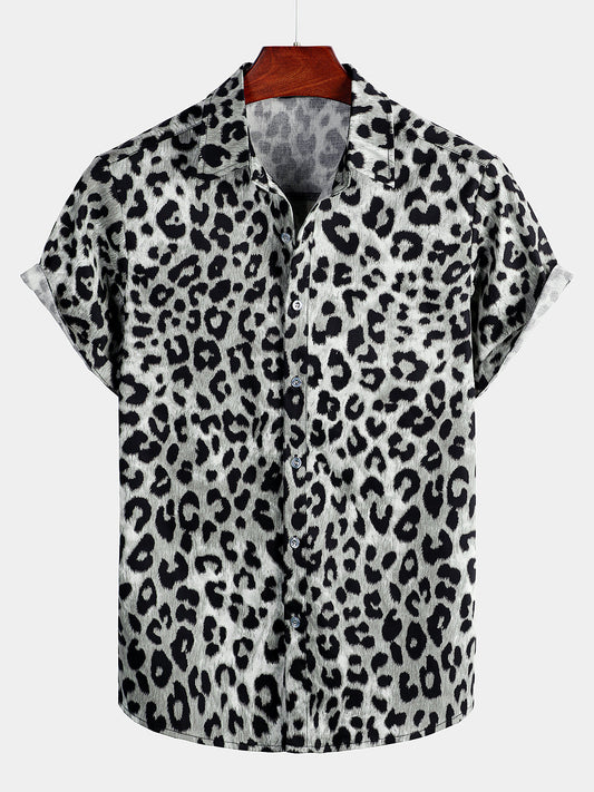 Camicia corta casual da uomo in cotone con stampa leopardata