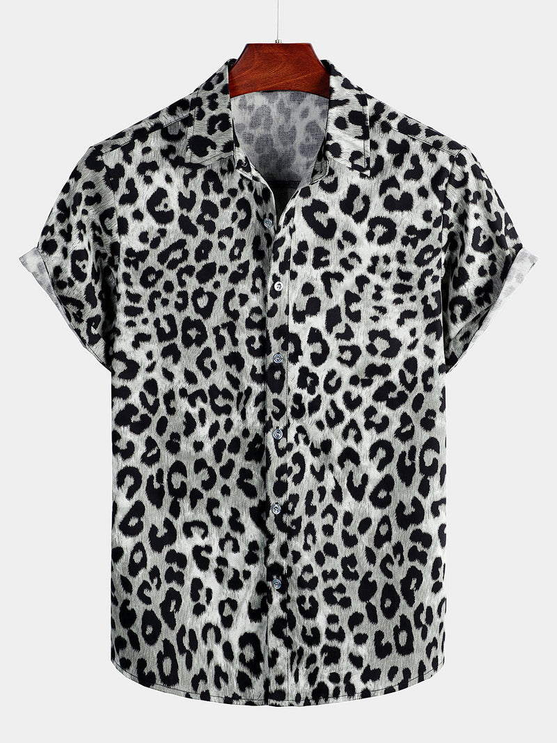 Camicia corta casual da uomo in cotone con stampa leopardata