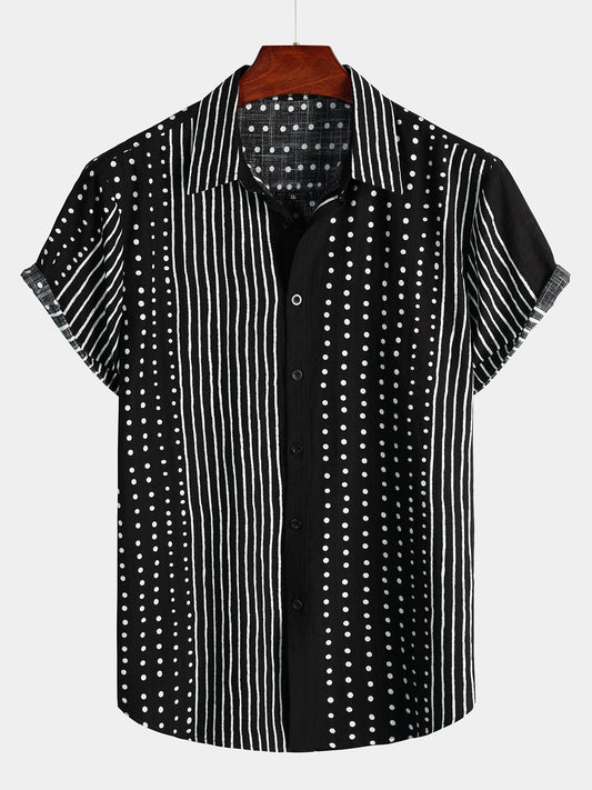 Camicia corta da uomo retrò a righe nere e a pois con bottoni