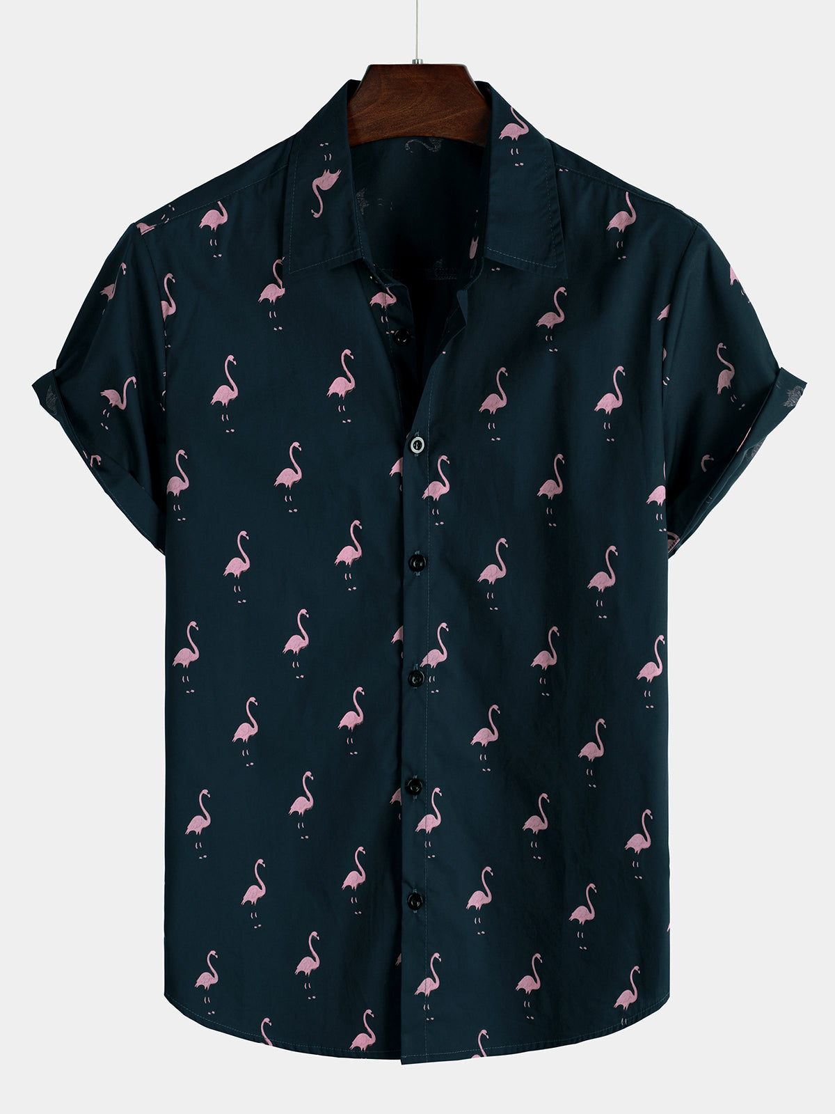 Camicia casual a maniche corte con stampa animalier tropicale fenicottero da uomo