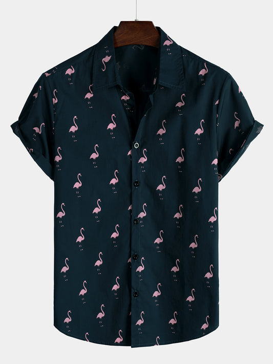 Camicia casual a maniche corte con stampa animalier tropicale fenicottero da uomo