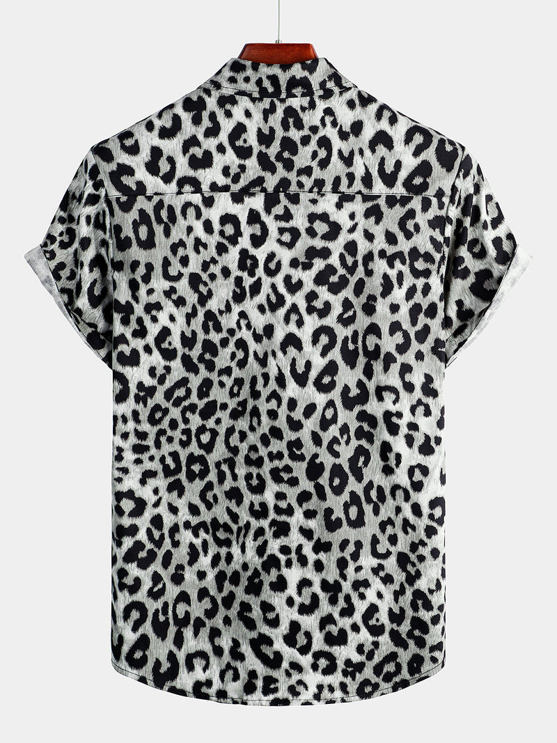 Camicia corta casual da uomo in cotone con stampa leopardata