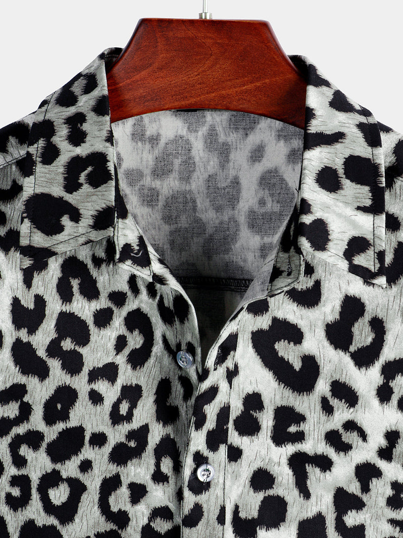 Camicia corta casual da uomo in cotone con stampa leopardata