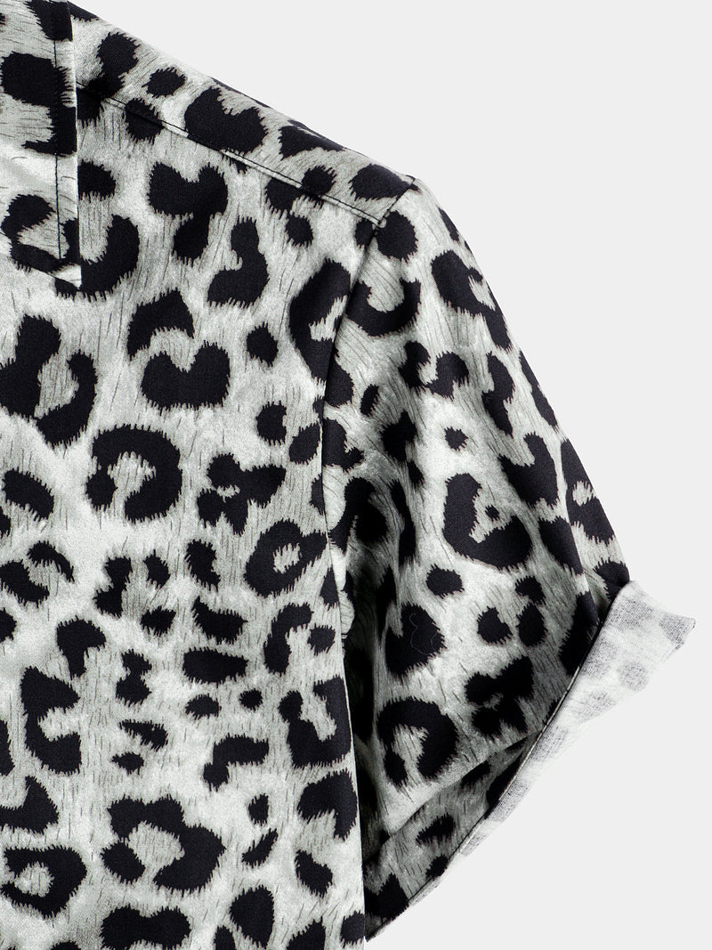 Camicia corta casual da uomo in cotone con stampa leopardata