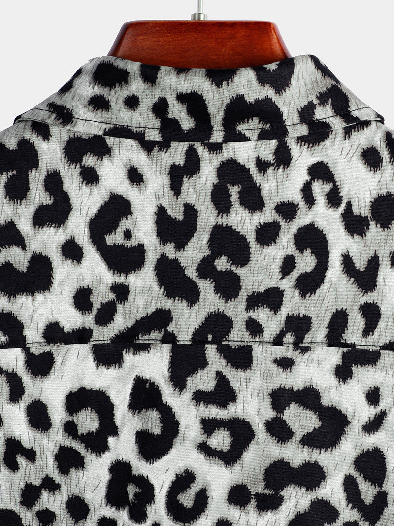 Camicia corta casual da uomo in cotone con stampa leopardata