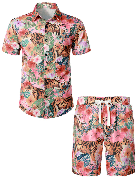 Set da uomo in camicia hawaiana con stampa di fenicotteri e pantaloni corti