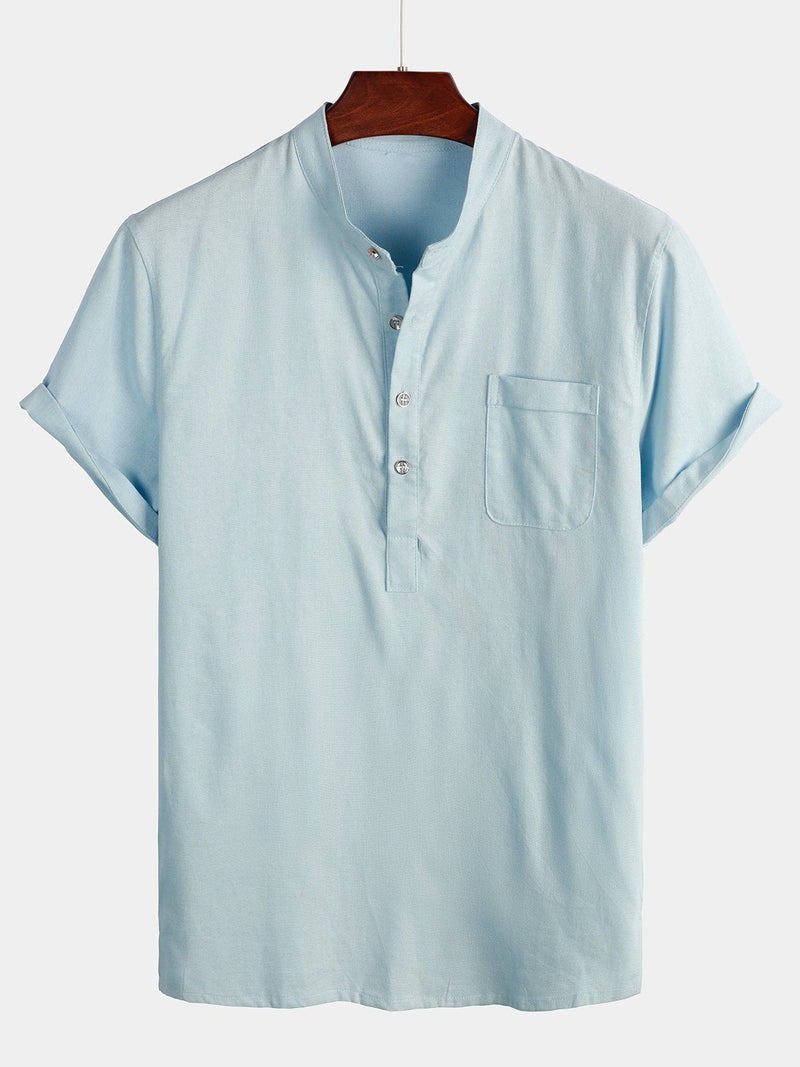 Camicia casual da uomo con colletto Henley a maniche corte