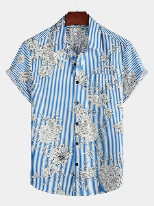 Camicia hawaiana uomo a maniche corte a righe e fiori