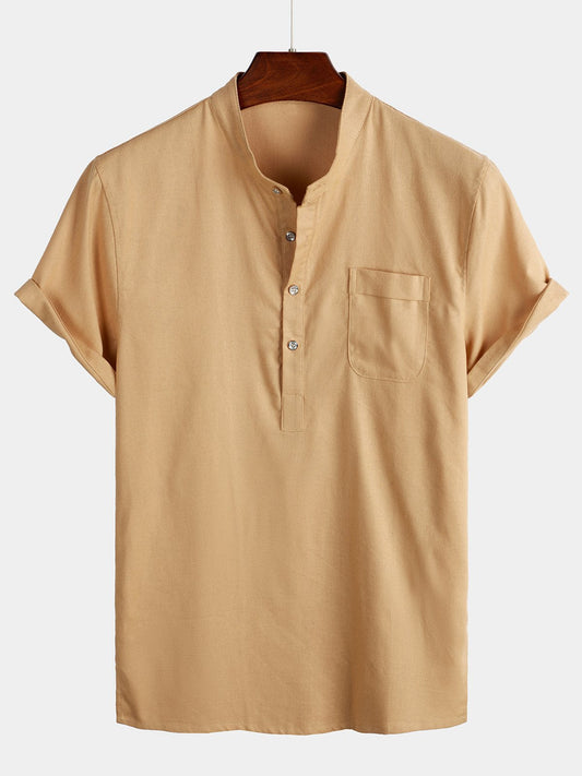 Camicia casual da uomo con colletto Henley a maniche corte