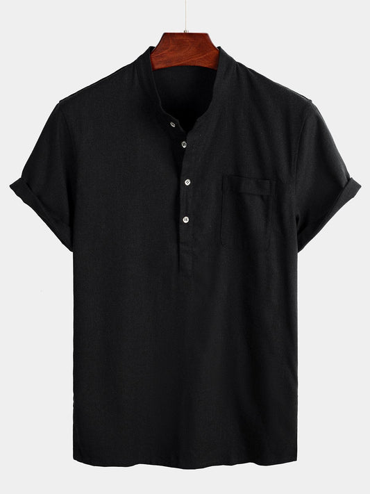 Camicia casual da uomo con colletto Henley a maniche corte