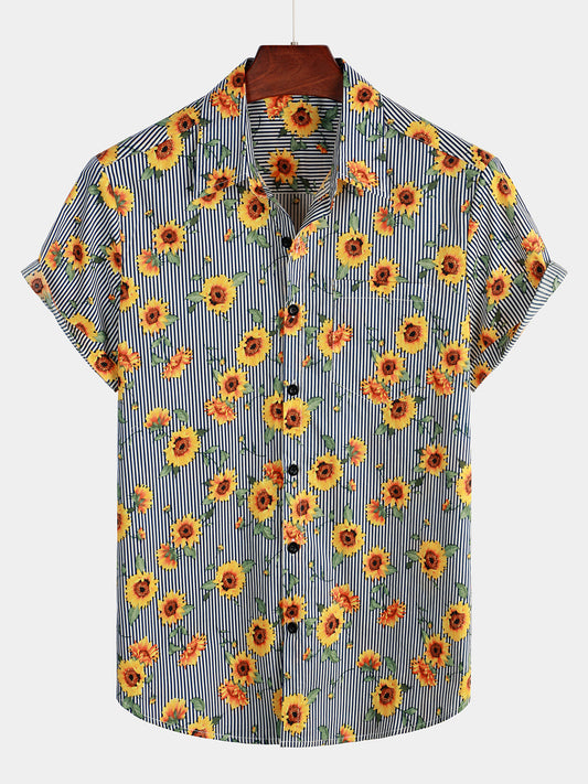 Camicia hawaiana a maniche corte con stampa di girasoli a righe e floreale per uomo