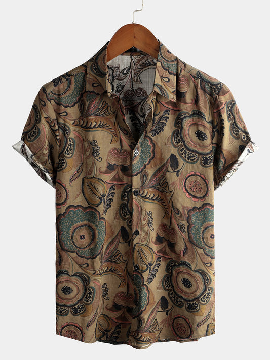 Camicia da uomo retrò casual a maniche corte in cotone marrone