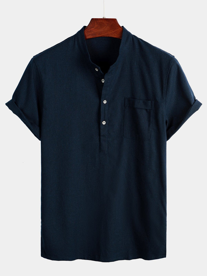 Camicia casual da uomo con colletto Henley a maniche corte