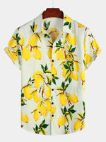 Camicia hawaiana estiva da uomo a maniche corte con stampa di limoni gialli tropicali