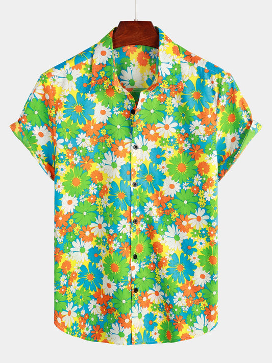Camicia hawaiana tropicale in cotone floreale verde da uomo